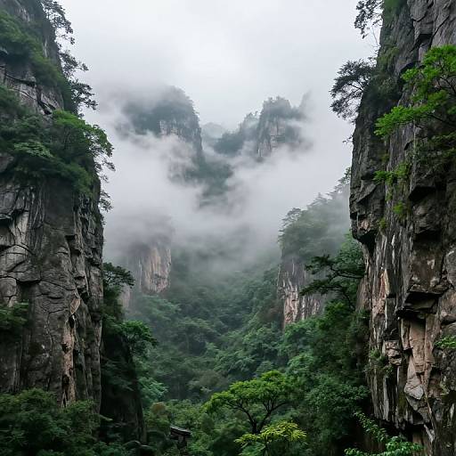 Misty Valley with Towering Cliffs