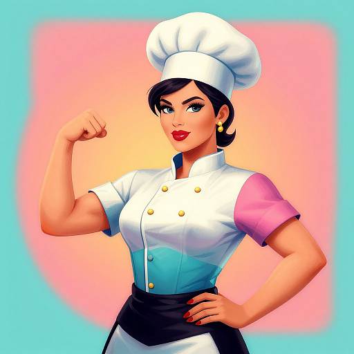 Digital illustration of a confident, muscular female chef with dark hair, red lipstick, white hat, and pink-white uniform, flexing her arm against a