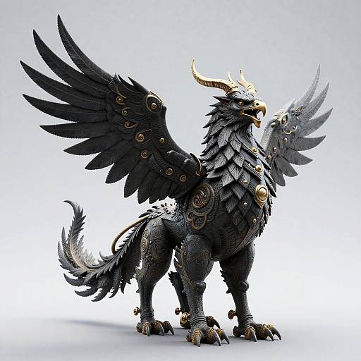 Digital art of a black, intricately detailed griffin with gold accents, large wings, and curved horns, standing majestically on a white background