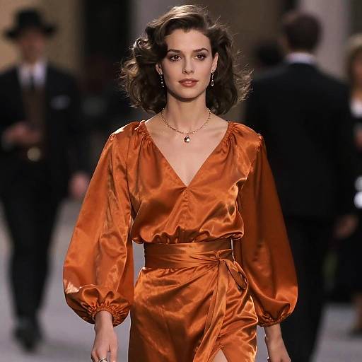 Photograph of a brunette woman with wavy hair, wearing a shiny, orange satin dress with puffed sleeves, walking on a fashion runway. Bl