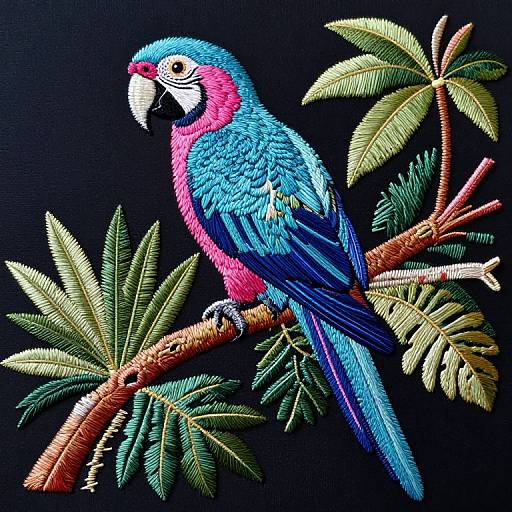 Vibrant embroidered parrot with blue, pink, and white feathers perched on a brown branch with green leaves against a black background.
