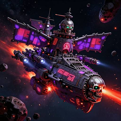 Glowing cyberpunk spaceship with neon lights and skull emblem, blasting through space with fiery exhaust, surrounded by asteroids. Digital art.