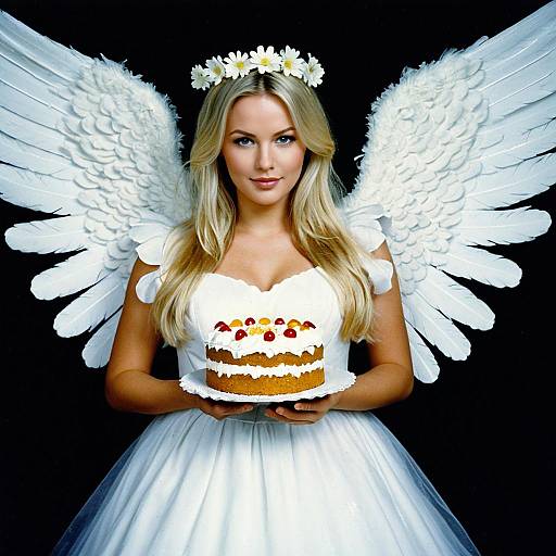 Blonde Woman in Angel Costume Holding Cake