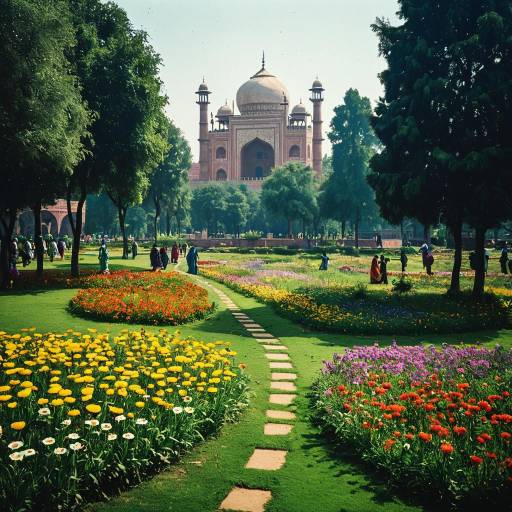 Mughal Garden Pathway with Flowers and Visitors