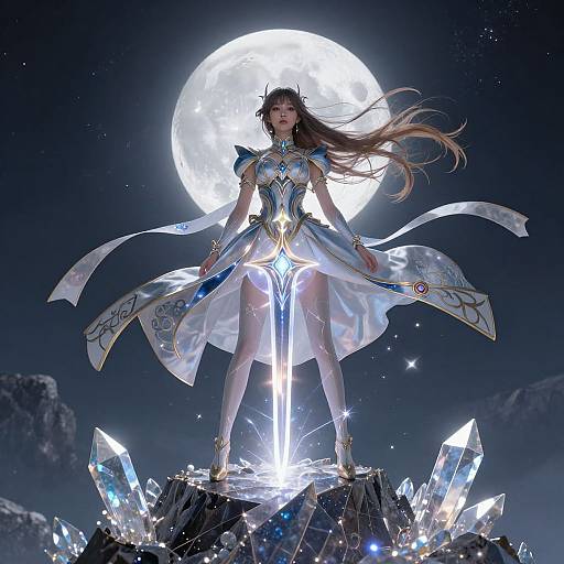 Digital art of a powerful, long-haired woman in a glowing, silver and blue armored dress, standing on crystals, holding a radiant sword, with a