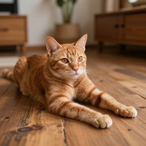 Photograph of a relaxed, orange tabby cat with yellow eyes lying on a wooden floor in a sunlit, cozy room.