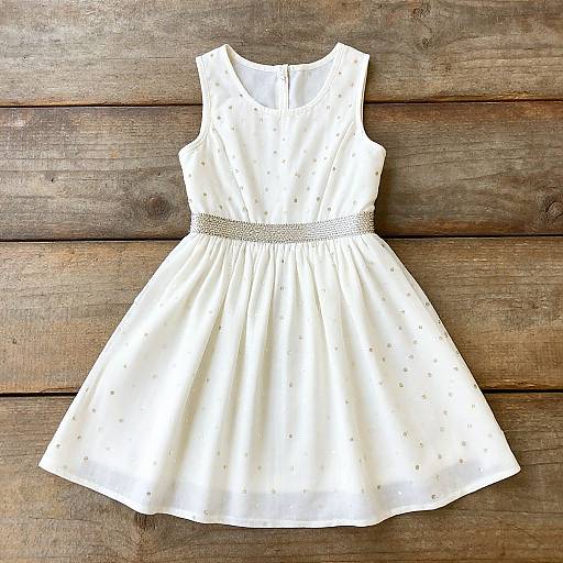 Photograph of a white, sleeveless, polka-dotted children's dress with a lace-trimmed waistband, displayed on a wooden surface