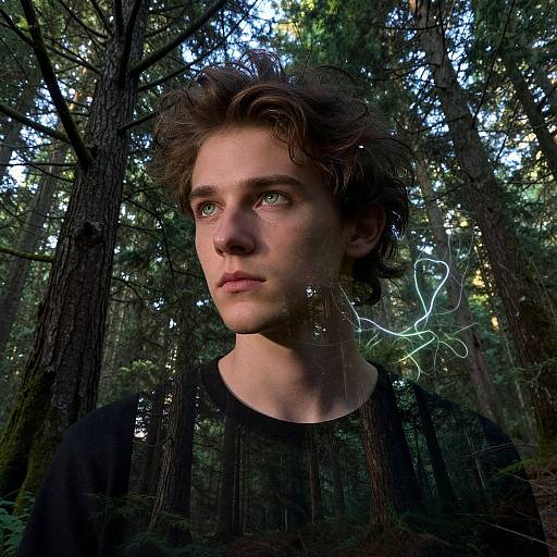 Photograph of a young man with tousled brown hair, green eyes, and fair skin, wearing a black shirt, in a dense forest with d