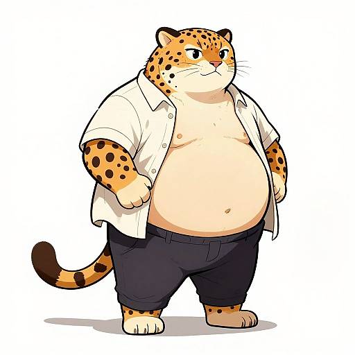 Digital cartoon of a chubby anthropomorphic cheetah with orange fur, black spots, wearing an open white shirt and black pants, standing confidently.