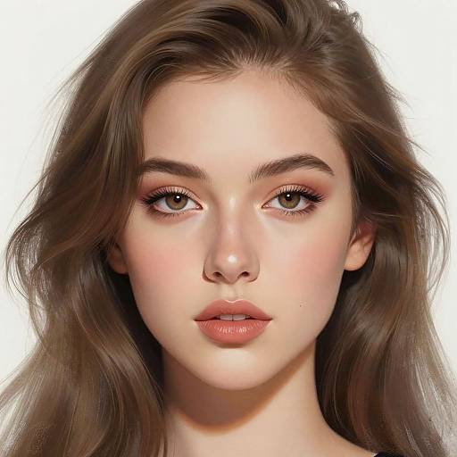 Digital portrait of a young woman with fair skin, brown eyes, full lips, and wavy brown hair, set against a white background.