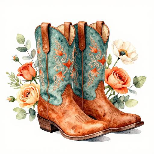 Watercolor Teal Orange Floral Cowboy Boots