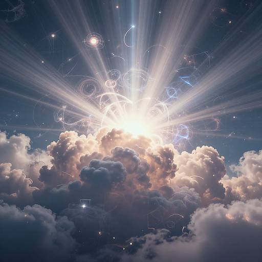 Photograph of a radiant sunburst emerging from fluffy, illuminated clouds against a deep blue, starry sky with ethereal, swirling light patterns.