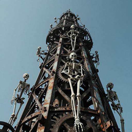 Photograph of rusted, skeletal metal tower adorned with multiple human skeletons, set against a clear blue sky. Gothic, macabre art style.