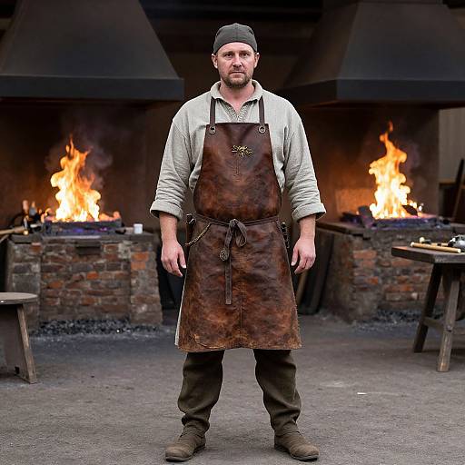 Photograph of a bearded blacksmith with a black cap, white shirt, brown leather apron, standing in a fiery brick forge.