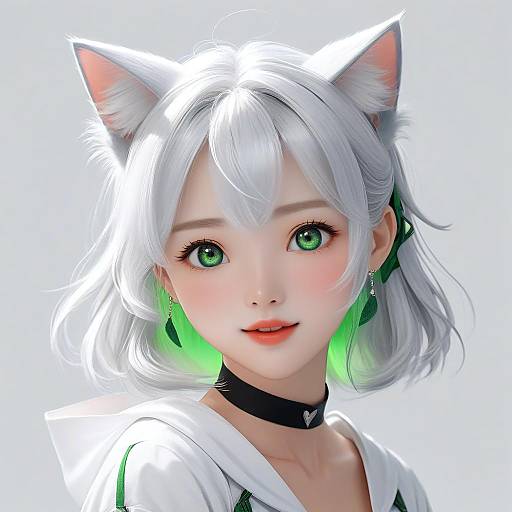Digital anime-style portrait of a cute, young girl with silver cat ears, green eyes, white hair, green accents, black choker, and white