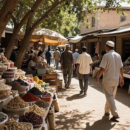 Photograph of a sunlit outdoor market with shaded stalls, people in traditional attire, various spices and goods, and trees casting shadows.