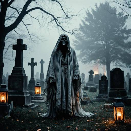 Ghostly figure in foggy cemetery