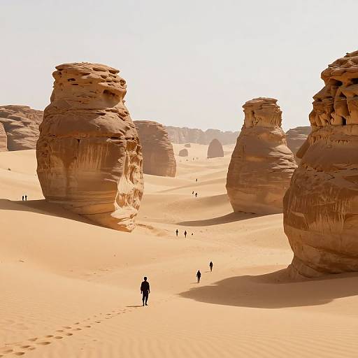 Figures Walking Among Sandstone Towers in Desert