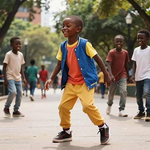Photograph of a joyful African boy in bright blue vest, yellow shirt, and yellow pants walking on a sunlit park path with smiling friends in the