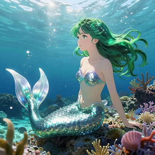 Digital anime-style illustration of a green-haired mermaid with a shimmering silver tail, sitting on a vibrant underwater coral reef.