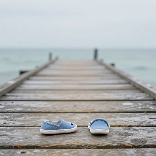 Photograph of a weathered wooden pier extending into a blurry, overcast sea, with a pair of blue baby shoes placed on the pier in the