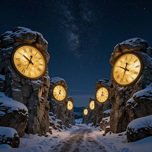 Photograph of six large, illuminated, stone clock towers in a snowy, starry night landscape, with a visible Milky Way.