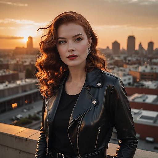 Woman in Black Leather Jacket at Sunset Rooftop