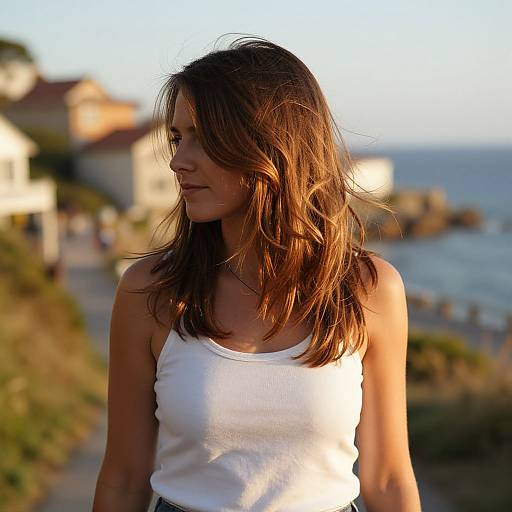 Photograph of a sunlit, mid-30s woman with tousled brown hair, wearing a white tank top, standing by a coastal cliff with