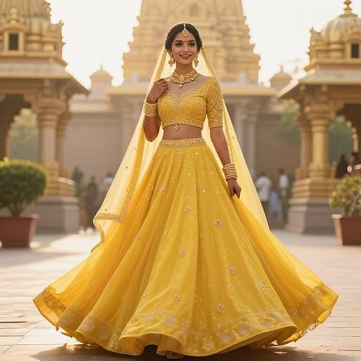 Photograph of a South Asian woman in a vibrant yellow traditional lehenga choli with intricate gold embroidery, standing in a sunlit temple courtyard, wearing
