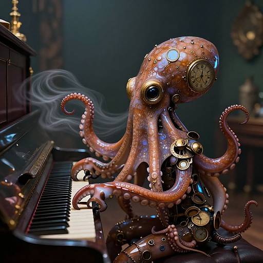 Steampunk octopus with clock eyes and gears playing piano, smoke rising, dark room background, detailed and imaginative digital art.