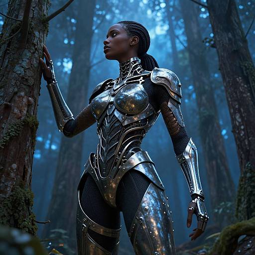 Digital artwork of a dark-skinned woman in shiny, reflective silver armor standing in a misty, blue-lit forest, with tall trees and moss