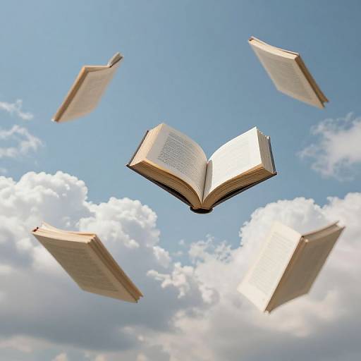 Photograph of five open books floating in a bright blue sky with fluffy white clouds, creating a dreamlike, ethereal atmosphere.