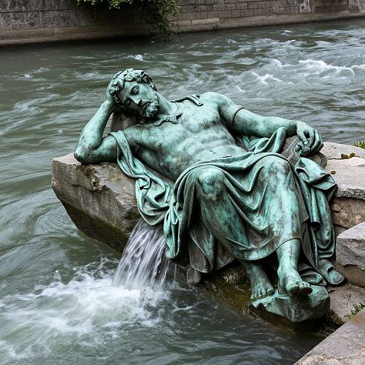 Photograph of a green patina bronze statue of a reclining, muscular, bearded man with flowing robes, water flowing from his lap, positioned