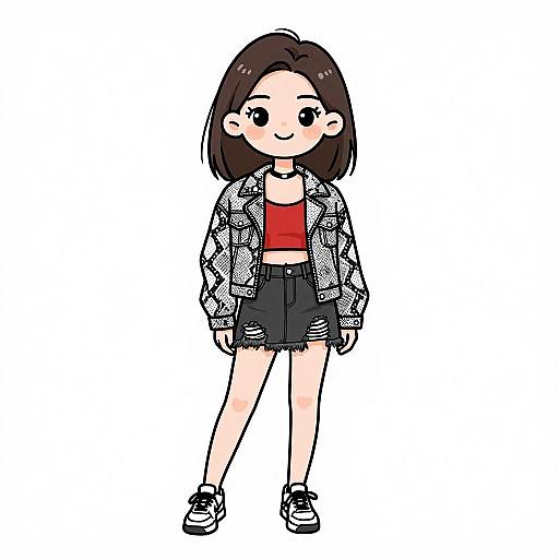 Digital anime-style drawing of a cute, smiling girl with brown hair, wearing a red crop top, black shorts, patterned jacket, and black sneakers