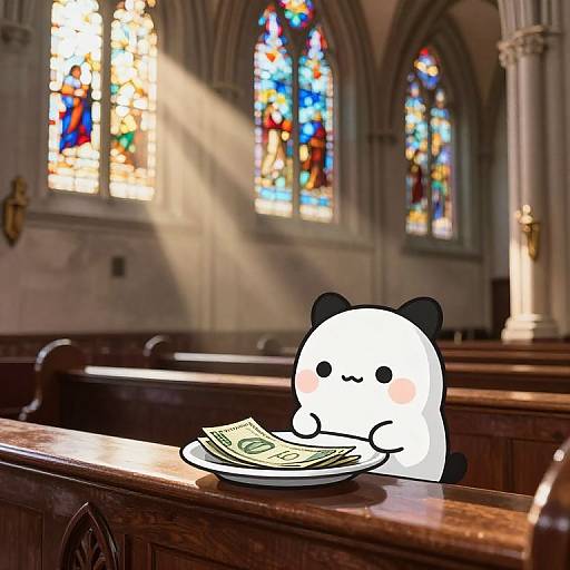 Kawaii Character in Church Pew with Offering Plate