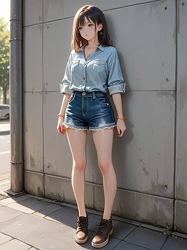 Digital anime-style drawing of a young woman with straight black hair, wearing a blue button-up shirt, high-waisted denim shorts, and brown sneakers