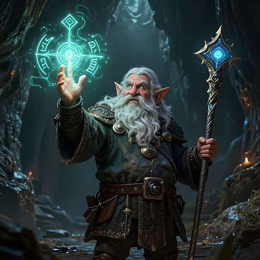 Digital fantasy artwork of a white-bearded, pointed-eared wizard in dark armor, casting a glowing blue magical spell with his right hand, holding a