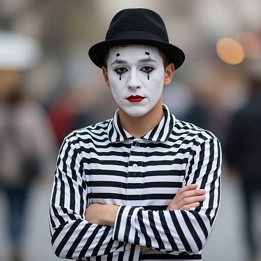 Photograph of a young person with white face paint, black stripes, red lips, black hat, and black-and-white striped shirt, arms crossed,