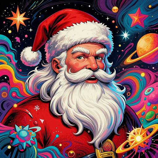 Vibrant digital illustration of Santa Claus with a white beard, red hat, and red suit, surrounded by colorful cosmic swirls, stars, planets