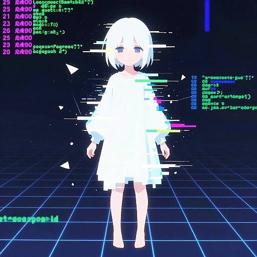 Glitchy Digital Sprite in Neon Grid