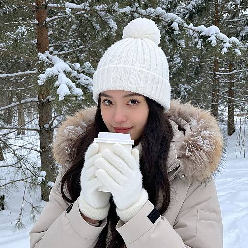 Photograph of a smiling Asian woman with long black hair, wearing a white knit hat, fur-trimmed coat, and white gloves, holding hands