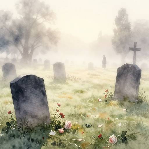 Digital painting of a misty cemetery with two weathered gravestones, one with a cross, surrounded by blooming flowers and grass.