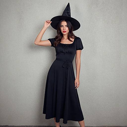 Photograph of a fair-skinned woman with dark brown hair wearing a black witch hat, black short-sleeve dress, and red lipstick, standing