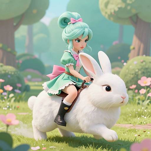 Digital art of a cute anime girl with teal hair in a bun, wearing a green dress with pink bow, riding a white rabbit in a sunny,