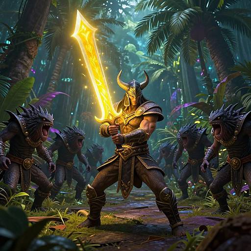 Digital fantasy artwork of a muscular, horned warrior with glowing sword, surrounded by dark, spiky creatures in a vibrant, jungle forest.