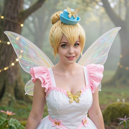 Photograph of a blonde woman in a Cinderella cosplay with blue butterfly hat, pink-trimmed white dress, and iridescent wings, standing