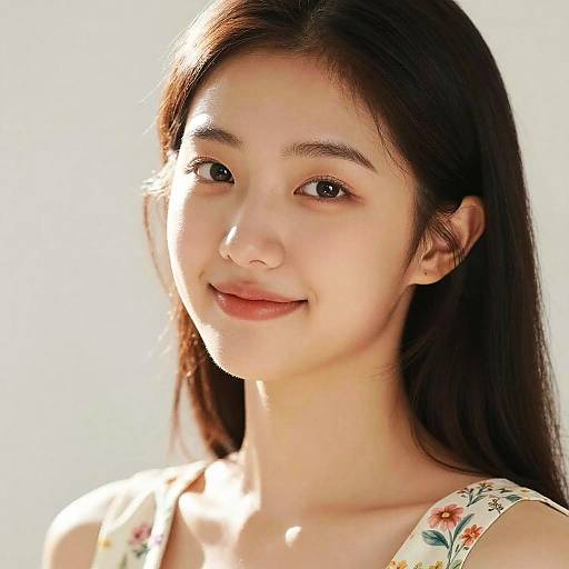 Photograph of a young Asian woman with long dark hair, fair skin, and a floral dress, smiling softly against a bright background.