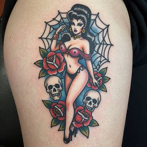 Tattoo of a curvy, dark-haired woman in red lingerie with spider web, skulls, and red roses on pale skin.