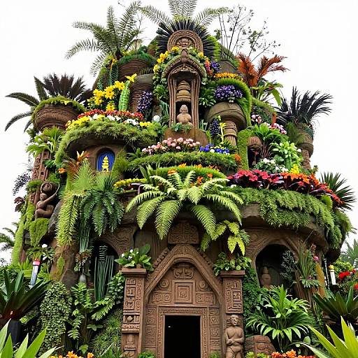 Photograph of an ornate, multi-story building covered in lush, colorful tropical plants, statues, and intricate carvings, with a white sky