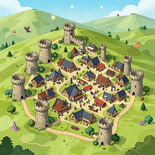 Colorful digital drawing of a medieval village with six stone towers, surrounded by green hills, small houses, and roaming animals.